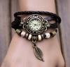 Womens Bracelet Weave Wrap Quartz Leather Leaf Beads Wrist Watches