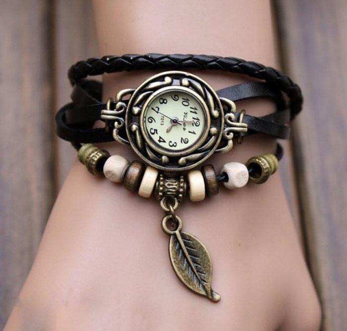 Womens Bracelet Weave Wrap Quartz Leather Leaf Beads Wrist Watches