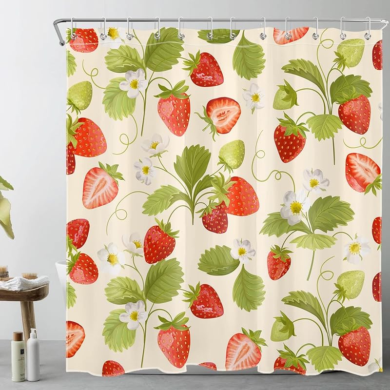 Red Strawberry Shower Curtain for Bathroom Nature Fruit and White Floral Green Leaf Plant Bathroom Shower Curtains with Hooks, Spring Country