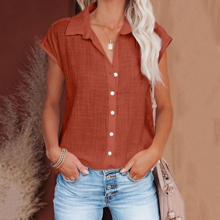 Women Casual Short Sleeve Shirt Summer Solid Color Lapel Top Single Breasted Blouse