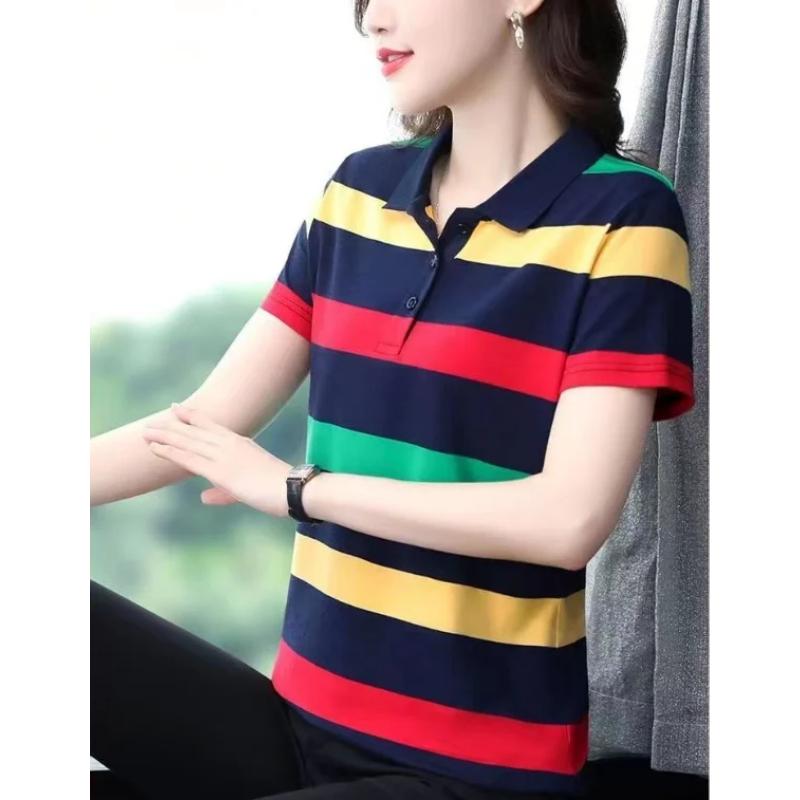 

Women Summer Tops Strip Tees Sexy Vintage Short Sleeve 5XL Polo T Shirts Loose Casual Befree Boho Tees S чёрный