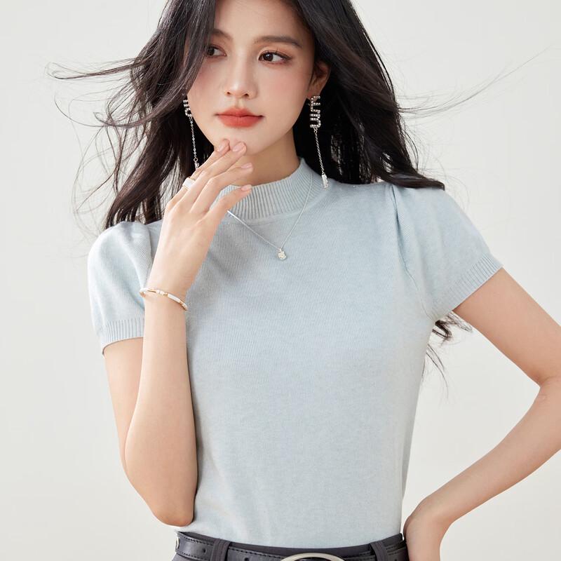 Zuose Ribbed Knit Half-High Collar Short Sleeve Top S