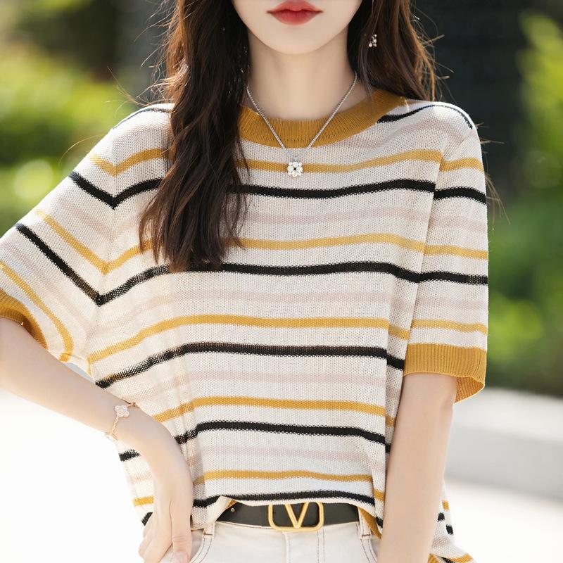 All-cotton Round Neck Relaxed Fit Simple and Versatile Temperament Short-sleeved T-shirt Latest Style Literary Striped Knitted T-shirt Top for Women