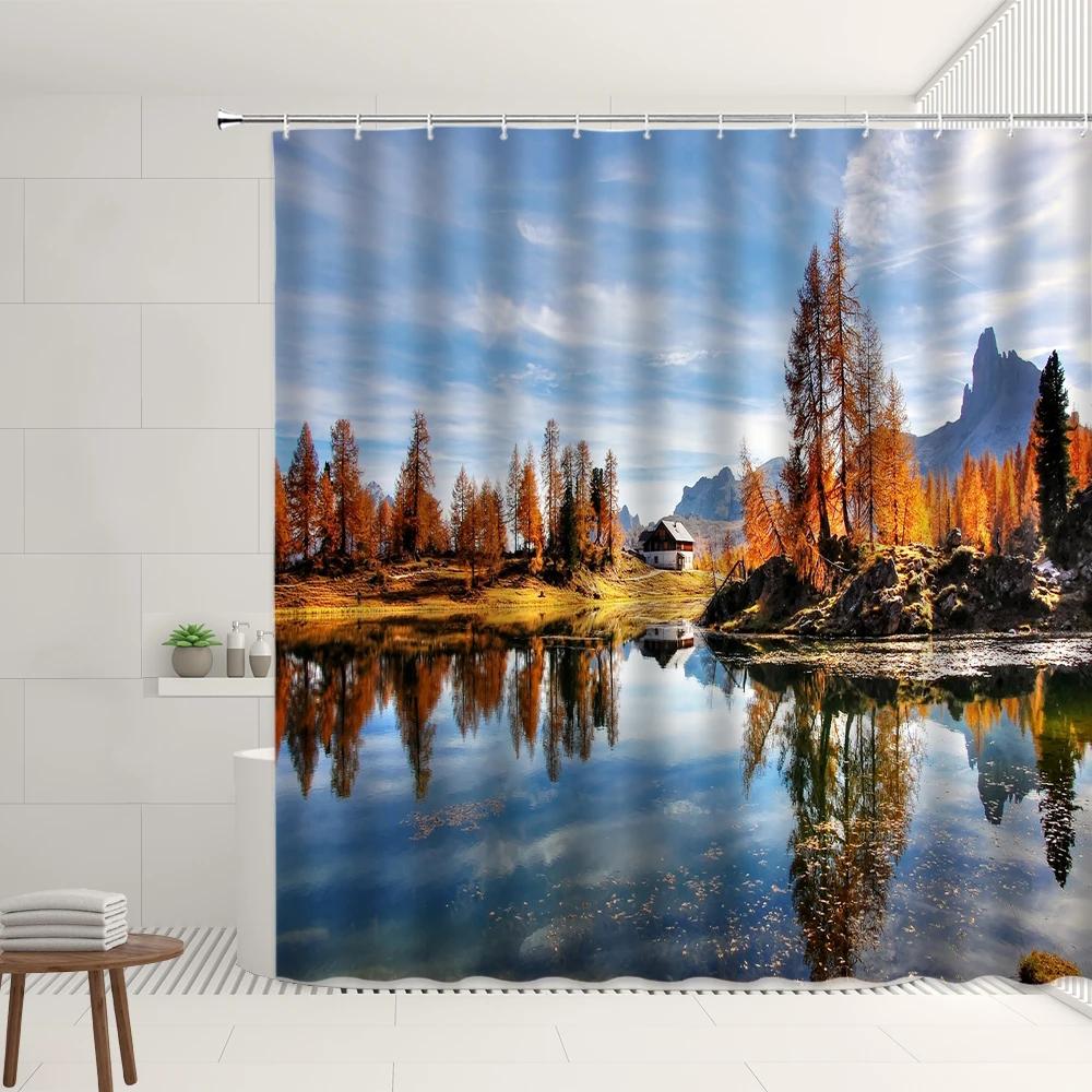 Natural Scenery Shower Curtain Set Mirror Lake Forest Grassland Mountain Kid Flying A Kite Home Bathroom Decor Hanging Curtains