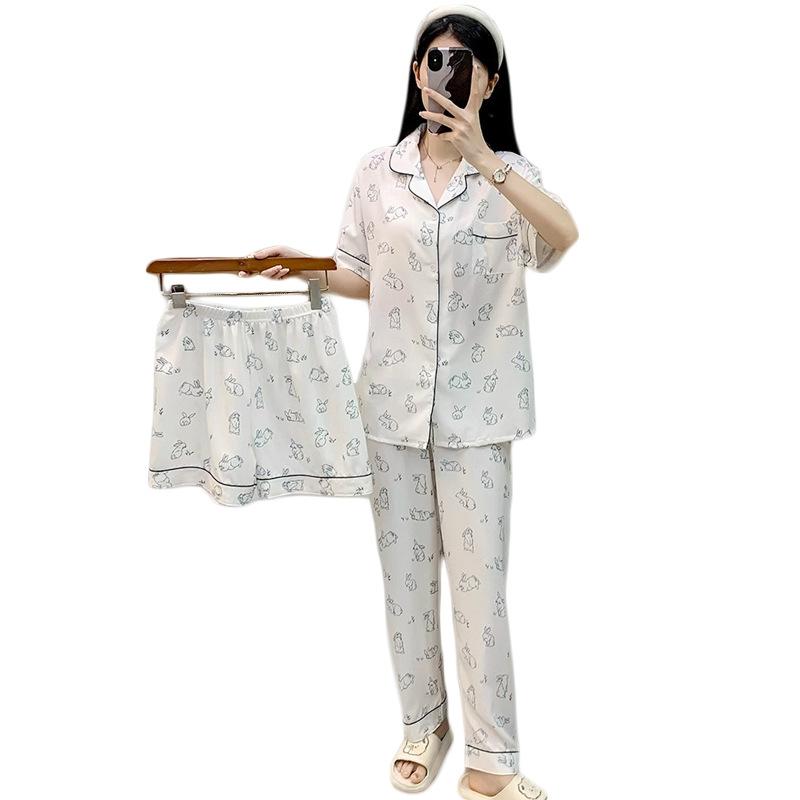 Spring And Summer Simple Wind Ice Silk Three-Piece Set Short-Sleeved Pajamas Women'S Bunny Printed Loungewear Set