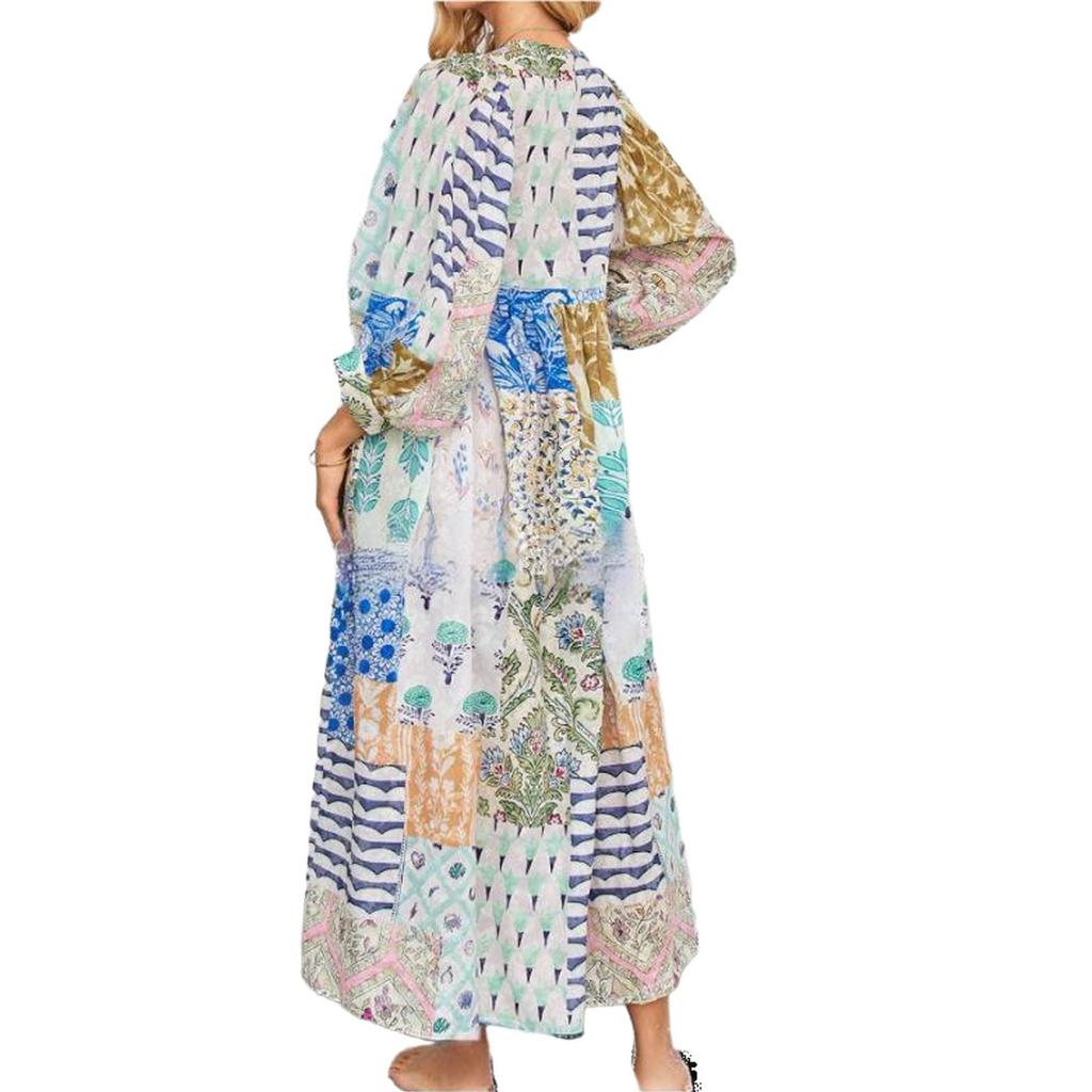 Women's Summer Floral Print Loose Sundress Half Sleeve Beach Flowing Bohemian Maxi Dress