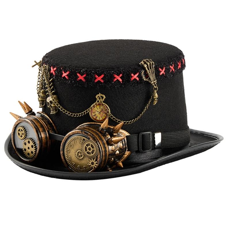 A52E Unisex Felts Top Hat With Metal Chain and Goggles Decoration Halloween Costume Accessories For Steampunk Enthusiasts China Mainland