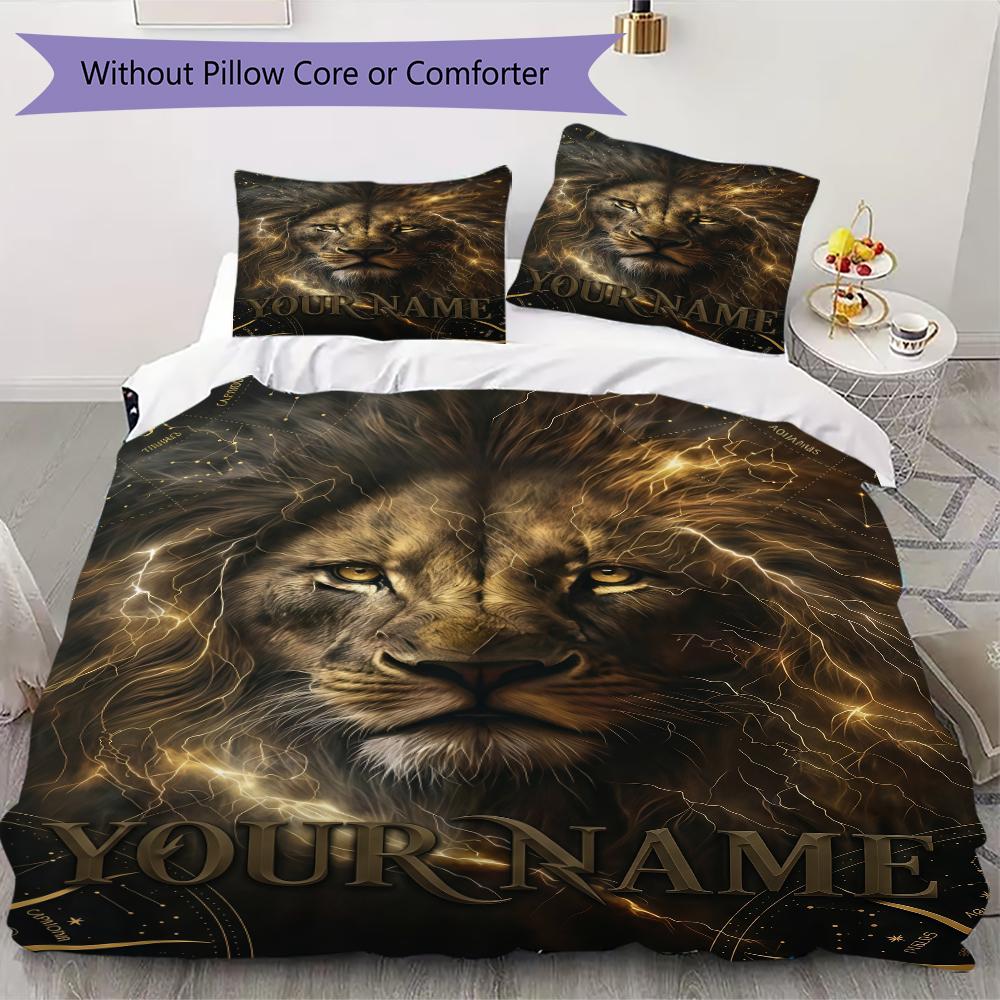 Custom Name Royal Lion Majesty Bedding,Quilt Set Quilt Cover Pillowcase Home Birthday Gift(1 * Duvet Cover + 2 * Pillowcase, Without Core)_lx