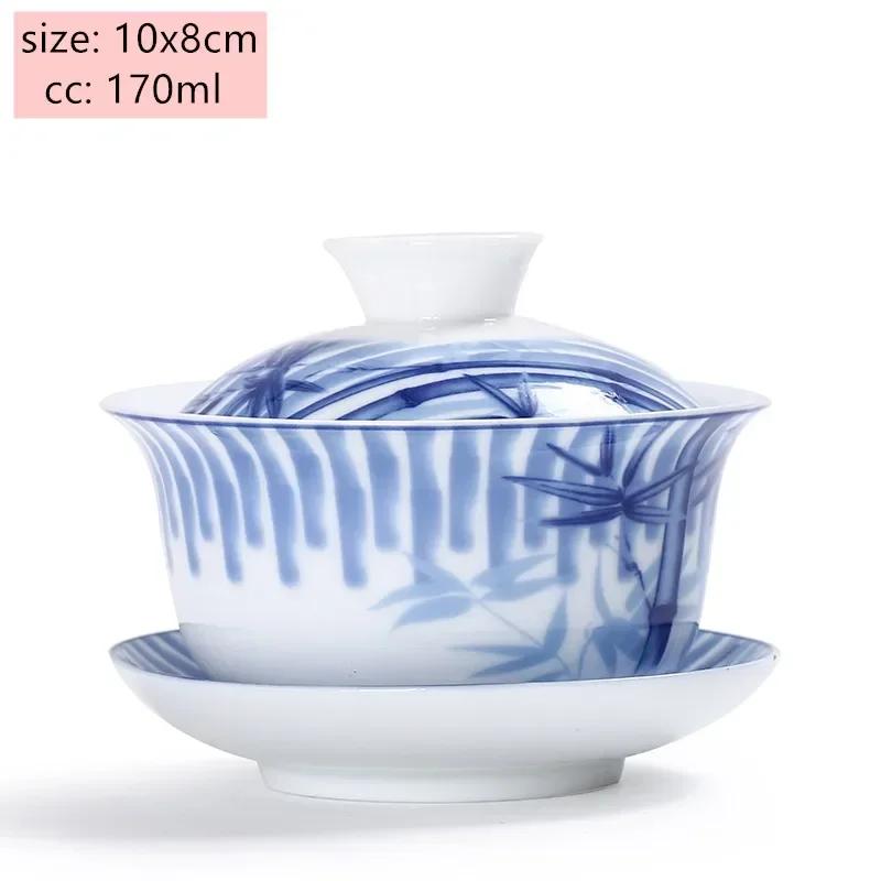 Jingdezhen White Porcelain Gaiwan Tea Cup Blue and White Porcelain Tea Maker Ceramic Handpainted Tea Bowl Tea Set Supplies