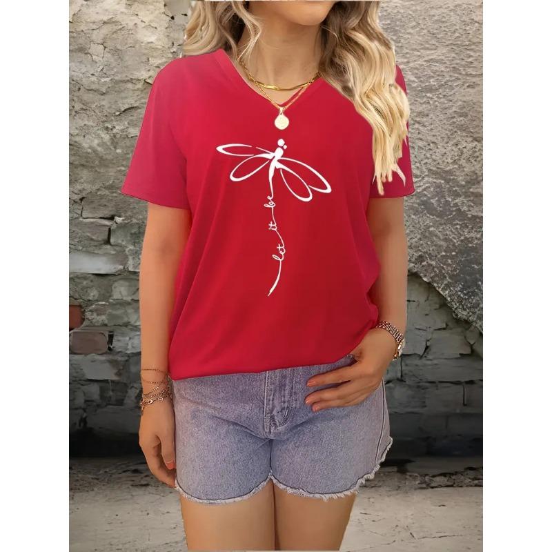 Summer V-neck 3D Dandelion Dragonfly Pattern Printed Top Fashionable Casual Short Sleeved Women's T-shirts