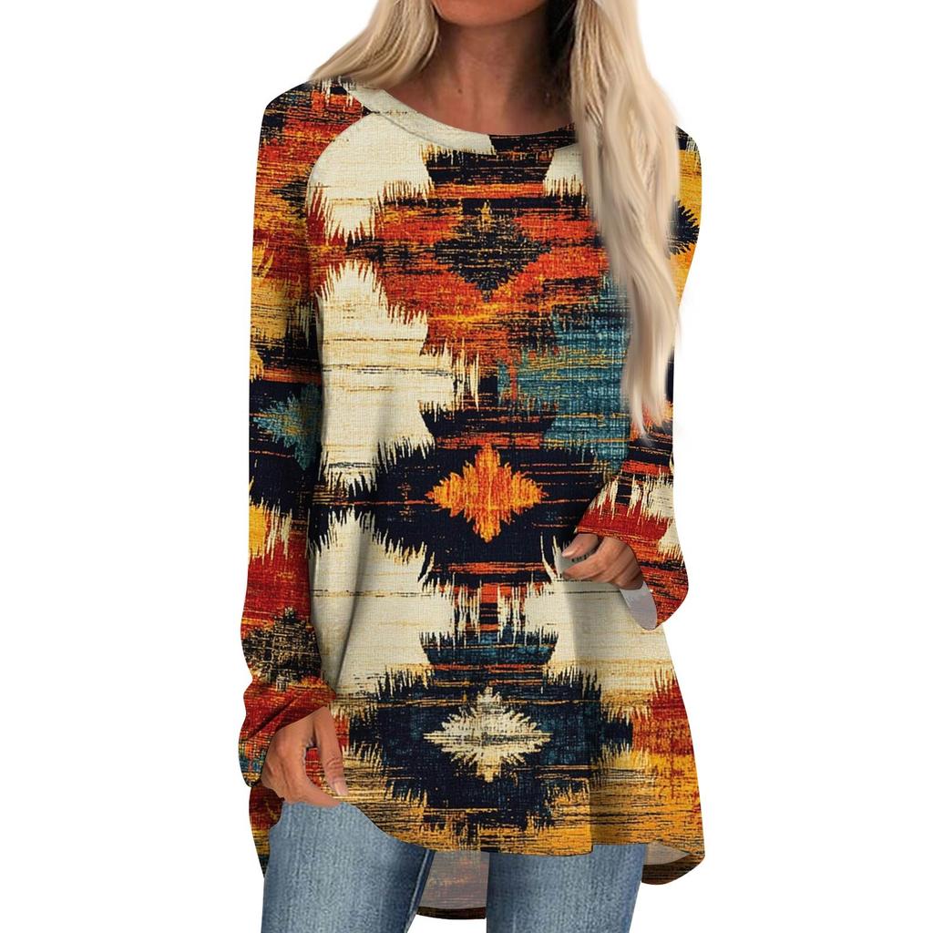 Women's Fashion Casual Long Sleeve  Print Round Neck Pullover Top Blouse