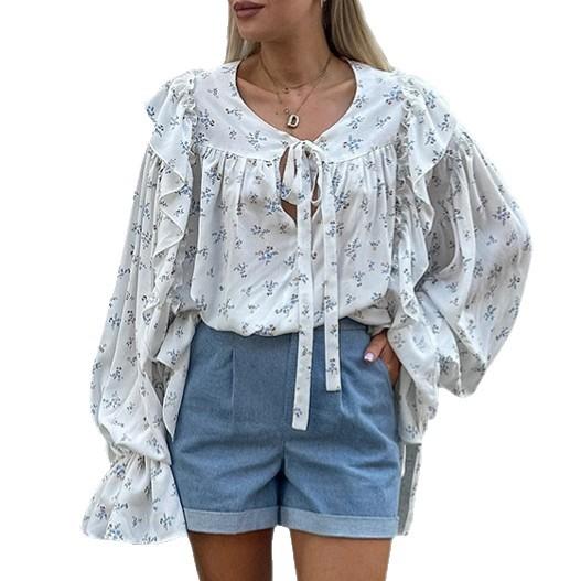 Autumn design sense gentle small floral lotus leaf edge strap chiffon top women's 1116 new French shirt
