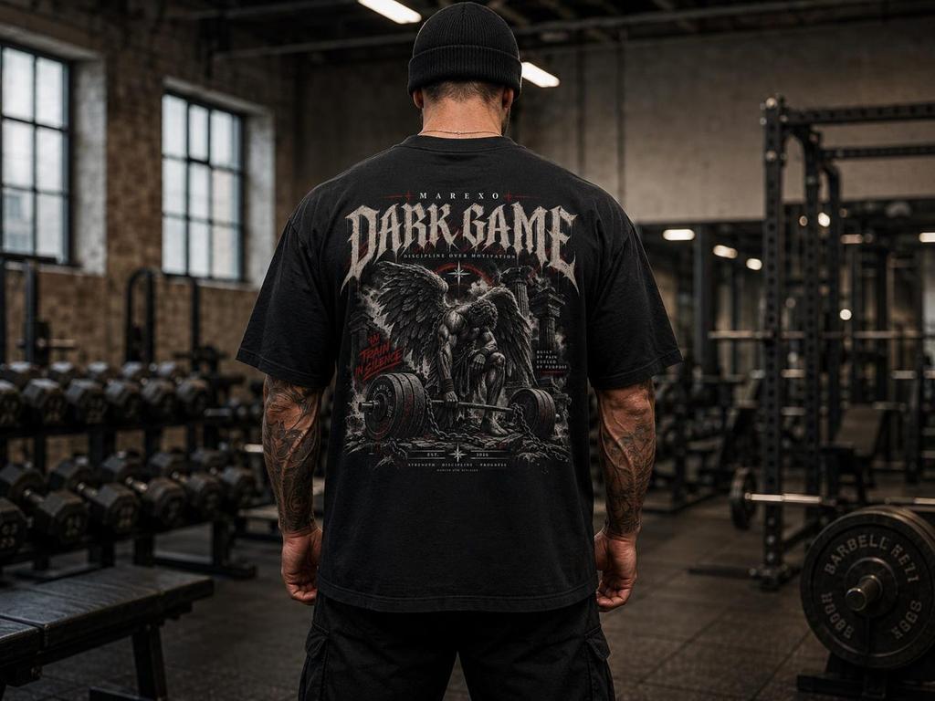 Dark Gothic Gym Shirt, Fallen Angel Barbell Art, Oversized Streetwear Tee