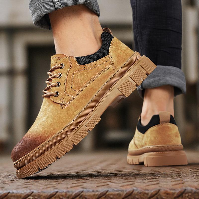Mens Leather Casual Shoes New Retro Thick Sole Wear-resistant Comfortable Lace Up Flat Sneakers Outdoor Male Walking Shoes