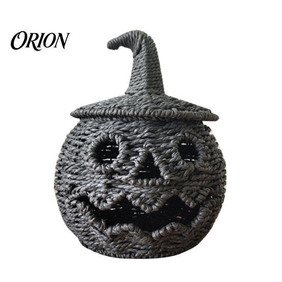 Small Lamp Holder for Halloween Handwoven Pumpkin Lantern, Vintage Rustic Decor, Hollow Smile Grimace Party Ornament Face Storage Jar with Lid,