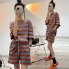 Large Size Casual Sports Suit for Women Summer Korean Style Striped Short-sleeved T-shirt Shorts Two-piece Set