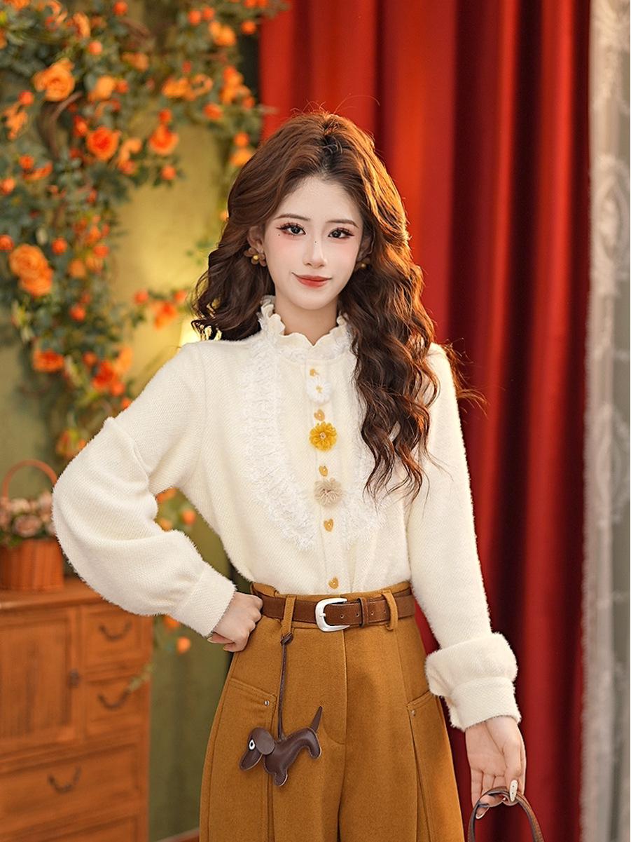 3D Floral Women s Long Sleeve Top #G15307 by Zhang Jiayuan Small слоновая кость/белый