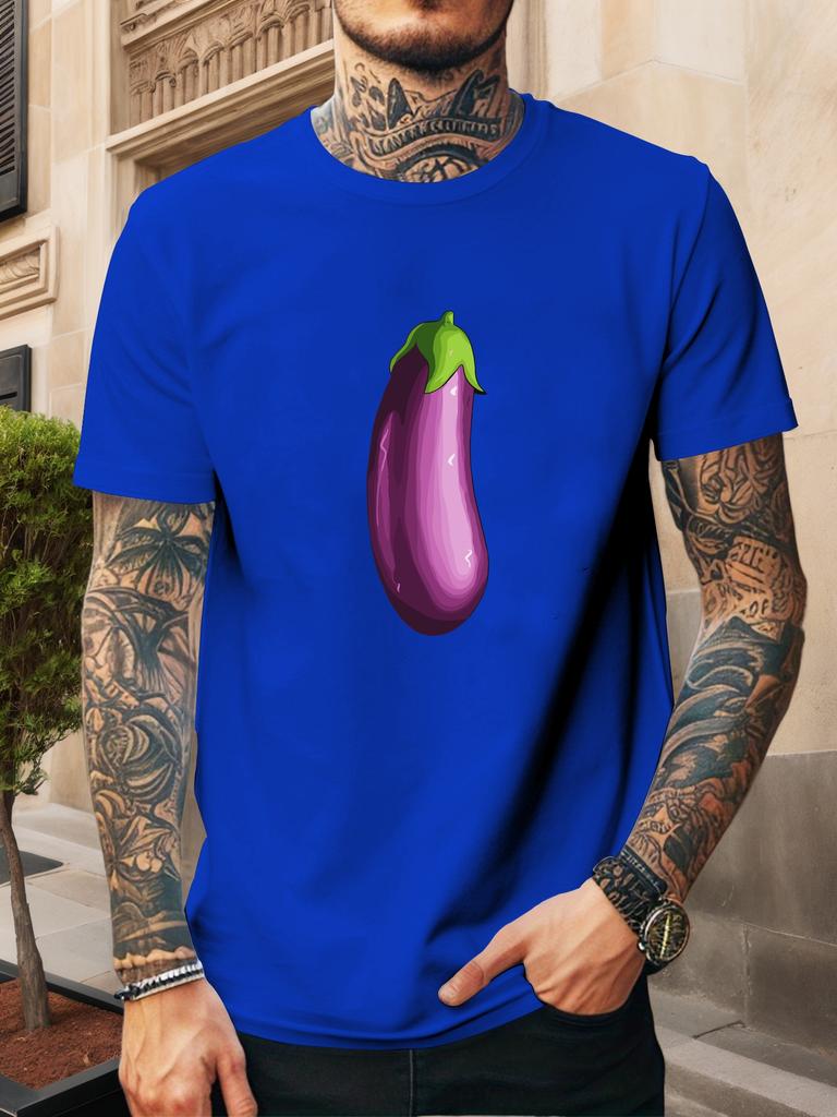 Unisex Navy Crew Neck Tee Single Vivid Purple Eggplant Cartoon Graphic Fresh Vegetable Vegan Farm Style Soft Cotton Casual Top