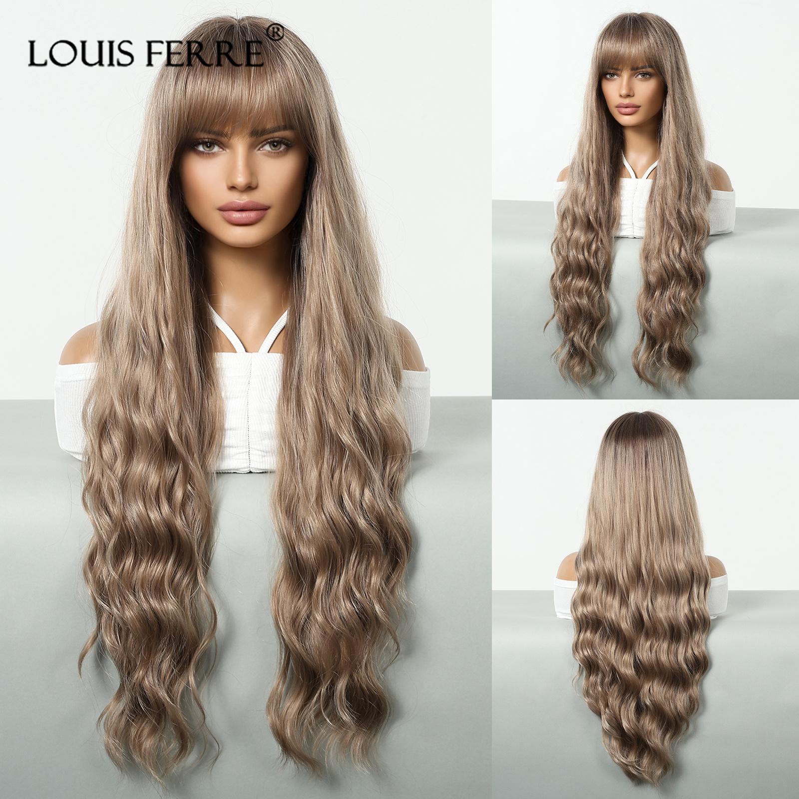 Длинные женские парики с челкой, коричневые платиновые блондинки, парики с боковой частью, синтетические волнистые парики для афроамериканских женщин