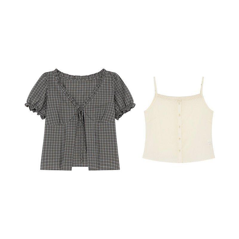 Women's Loose Fit Two Piece Matching Set Short Sleeve Plaid Cardigan Tie Front Camisole Casual Outfit Set