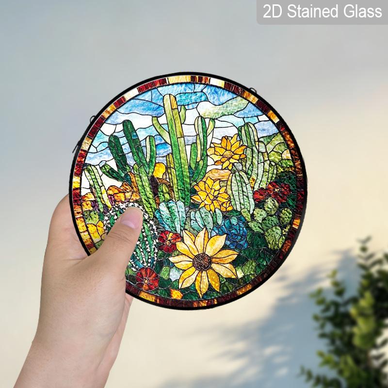 2D Flat Stained Glass Green Cactus Flower Window Decoration, 6.3/7.87inches Colored Glass Plate with Chain, Charming Spring Summer Sun Catcher Home