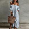 Holiday Style Solid Color One-word Shoulder Dress Women's Summer New European and American Women's Clothing, Casual Lazy Loose Long Dress