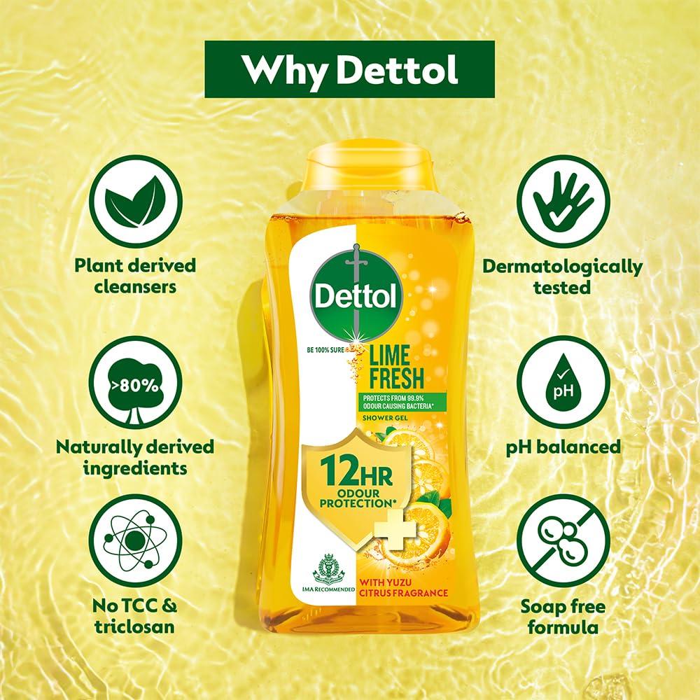 Dettol Lime Fresh Body Wash and Shower Gel, 250ml | Soap-Free Bodywash | 12h Odour Protection