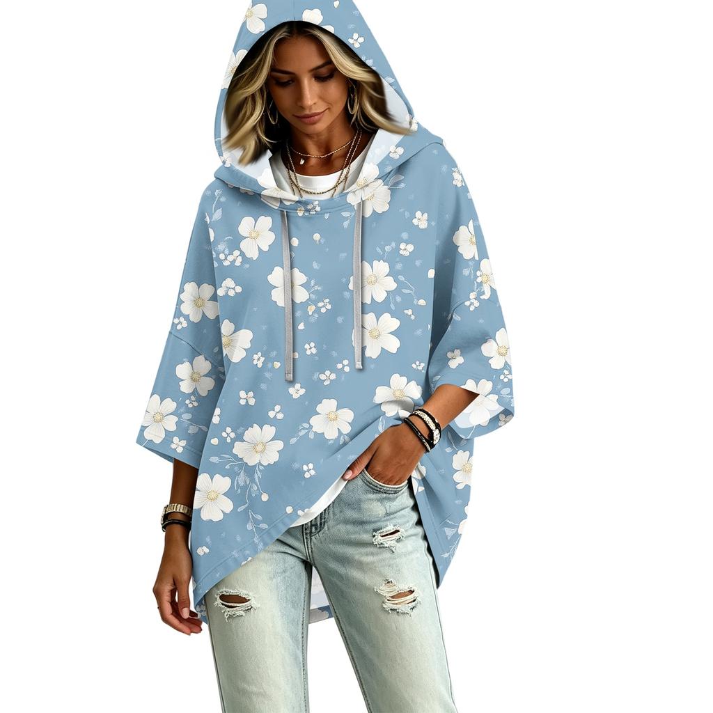 Women's Vintage Floral Print Hooded Pullover Top with Three-Quarter Sleeves for Casual Everyday Wear