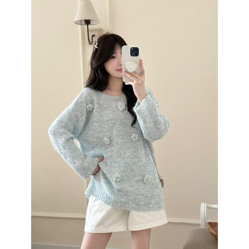 Autumn and winter new soft waxy loose three-dimensional flower knitted sweater top sweet gentle wind sweater pullover woman