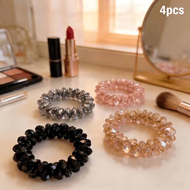 4PCS Korean Style Beaded Telephone Cord Hair Ties High Elastic Seamless Spiral Scrunchies No Crease Ponytail Holder Hair Ropes