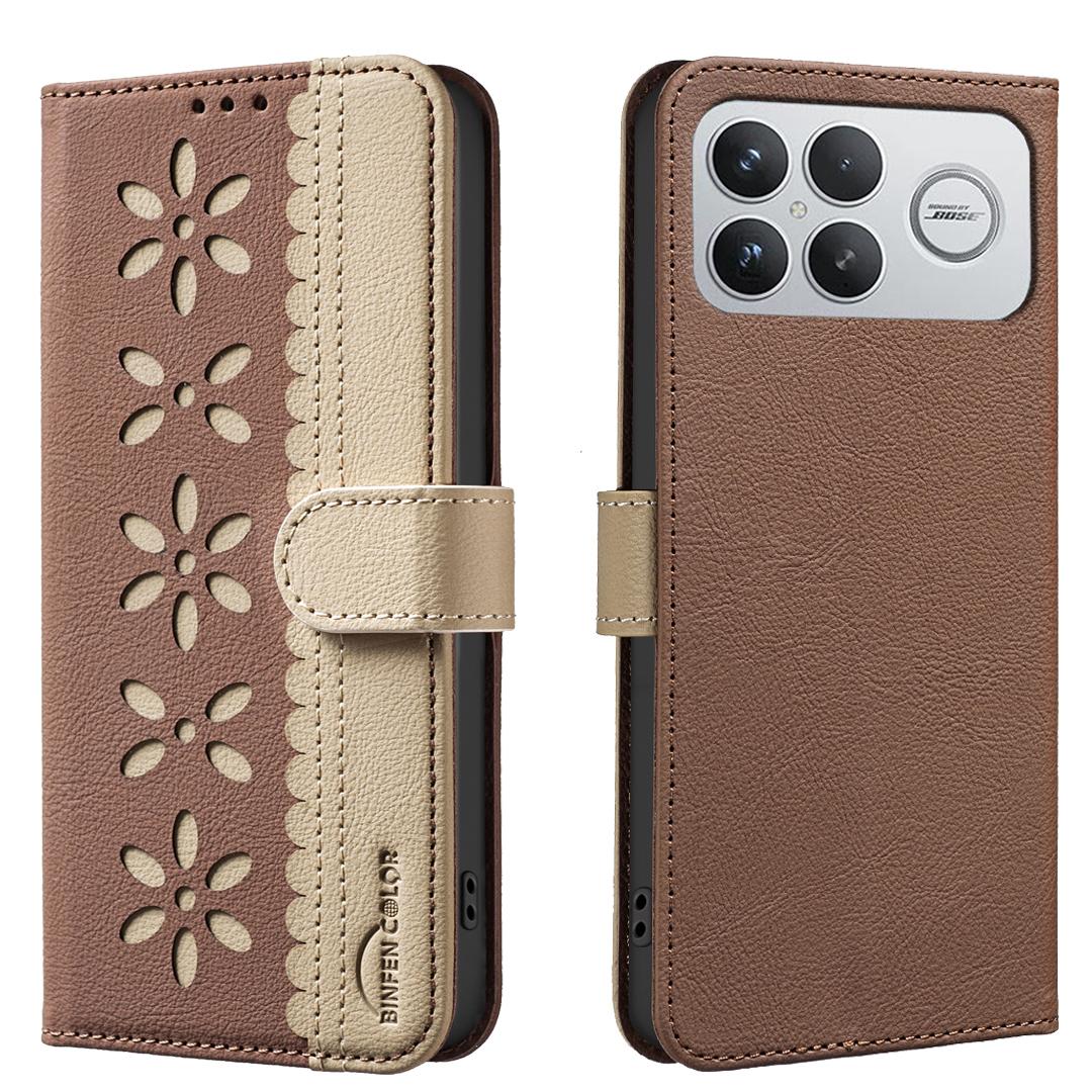

3D Hollow Flowers Card Solt Wallet Leather Case For Xiaomi POCO F8 Ultra M7 F7 C85 C75 C55 Bag Pocket RFID Blocking Flip Cover Poco X5 світло-коричневого кольору