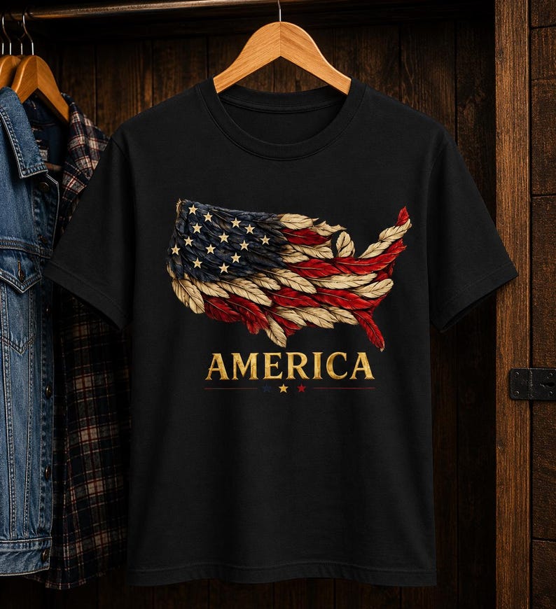 Patriotic USA Map Feather Flag T-Shirt, America 250th Anniversary Tee S
