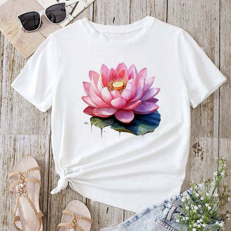 Trendy Lotus Flower Print Women T-shirt Streetwear Short Sleeves Tee Tops Summer Cute Woman Clothes Tops
