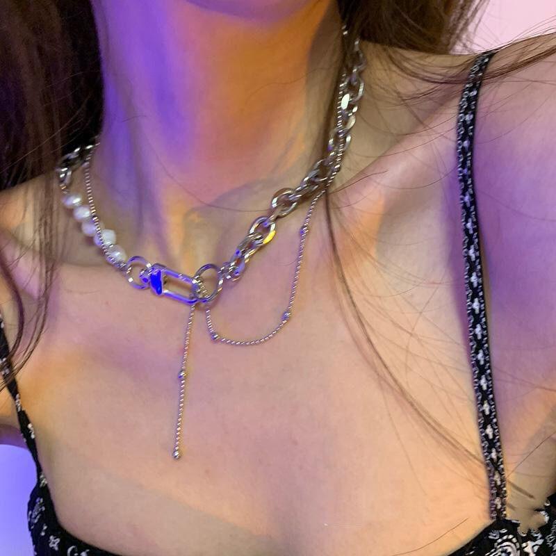 Street Hip Hop Punk Style Splicing Pearl Necklace Female Niche Design Sense Versatile Dancing Collarbone Chain