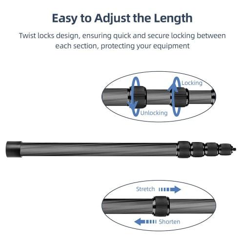 Handheld Microphone Boom Arm, 5-Section Extendable Carbon Fiber Boom Pole for Microphones, 1/4" Screw & Thread, Foam Grip Lock, Maximum Length 155cm/6