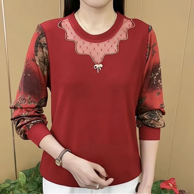 

Spring and Autumn Women Fashion Mesh T-shirt Feminine Round Neck Long Sleeve Top 5XL M червоний
