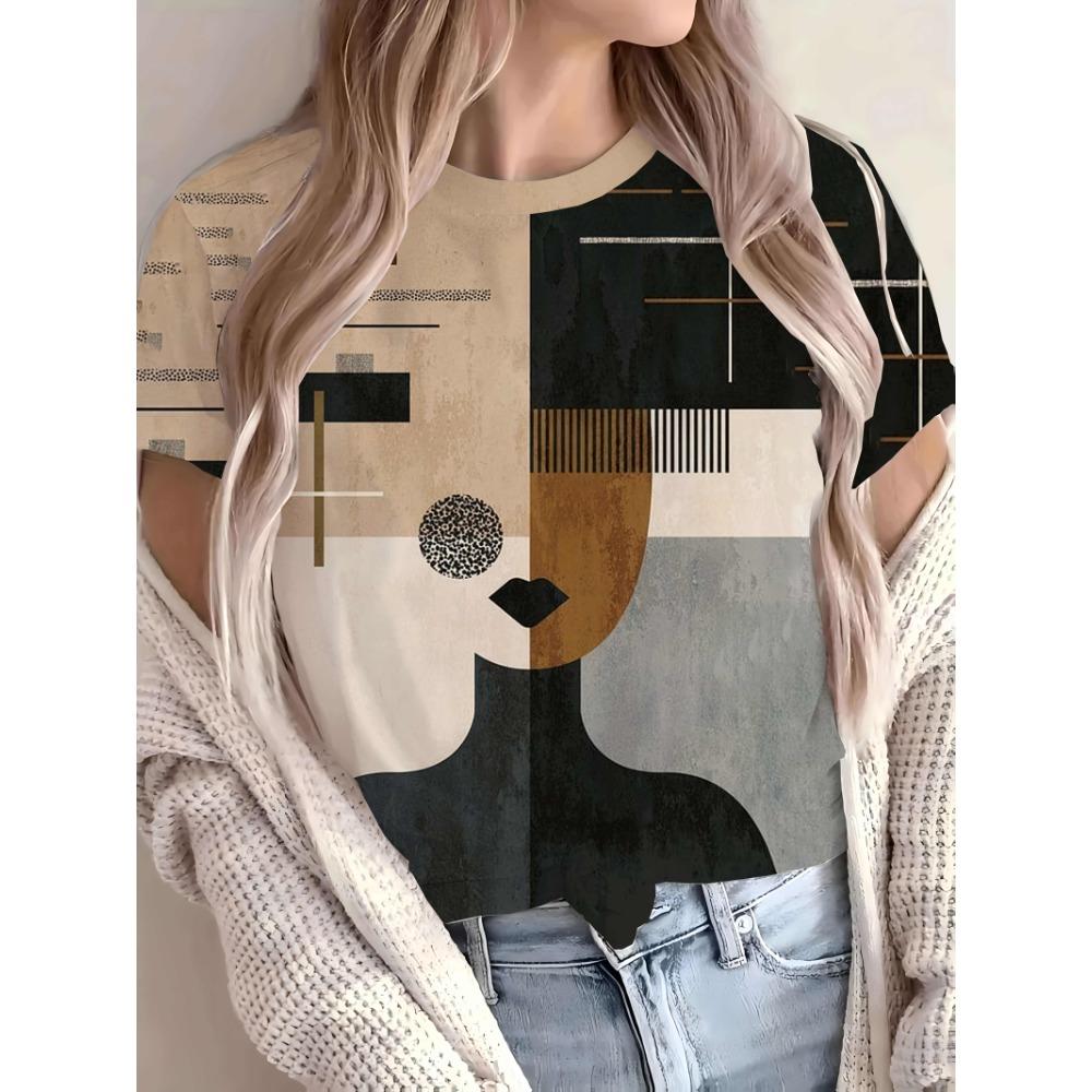 

Large Size Women S Digital Printed Short Sleeved T-shirt Crew Neck Slight Stretch Fabric, Regular Sleeve, All Seasons XL