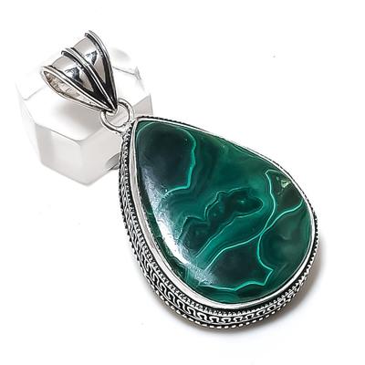 Přírodní malachitový drahokam 925 Sterling Silver Šperk Přívěsek 2,17" b5U79