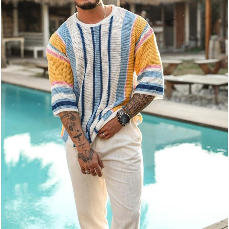 Men’s Mid Sleeve Crew Neck Striped Knit Sweater