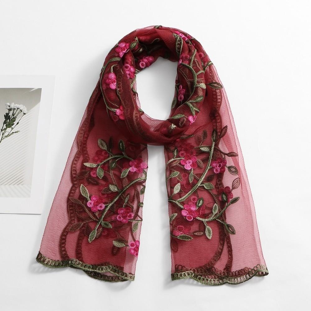 Ethnic Style Embroidered Floral Headwrap Breathable Long Lace Scarf Boho Sheer Shawl Elegant Lady темно-красного