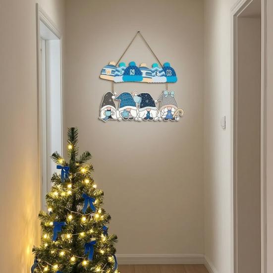 Rustic Holiday Entrance Ornament Christmas Gnome Wooden Welcome Hanging Sign, Cartoon Elf Decor with Gift Bell Winter Door Hanger Charms, Farmhouse