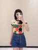 Women's Geometric Color-Block Short-Sleeve T-Shirt - Round Neck, Casual Summer Top with Trendy Letter Design