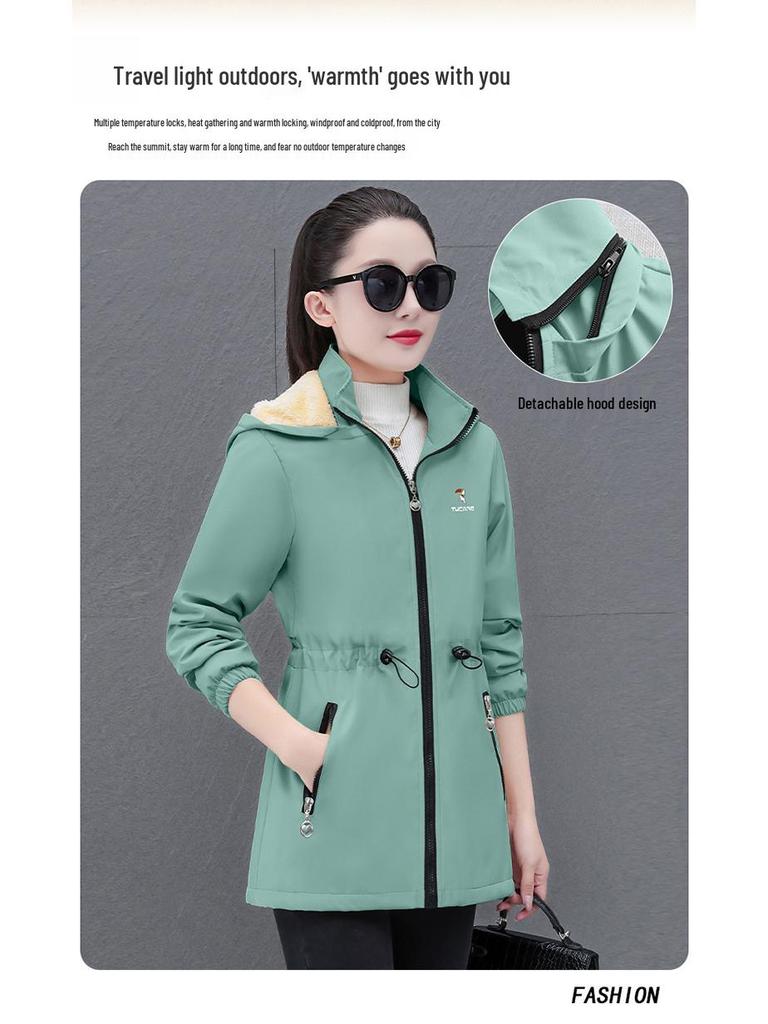 Specht Damen Mittellanger Fleece-Mantel - 2025 Herbst/Winter Warme Verdickte Windbreaker-Jacke