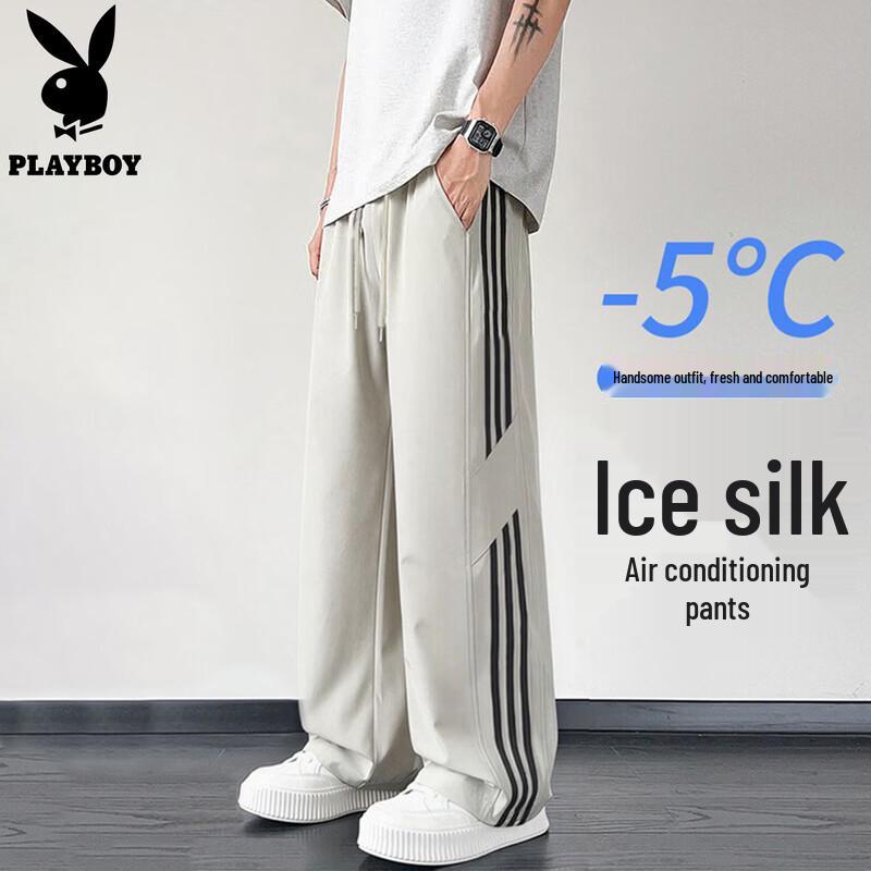 PLAYBOY Men s Loose Striped Ice Silk Straight-Leg Casual Pants L