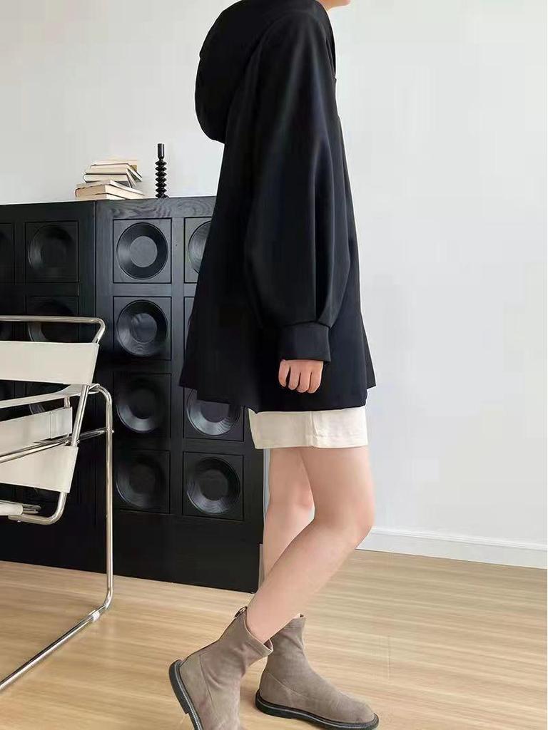 Women's Korean Chic Hooded Trench Coat with Lantern Sleeves - Spring & Autumn Casual British Style