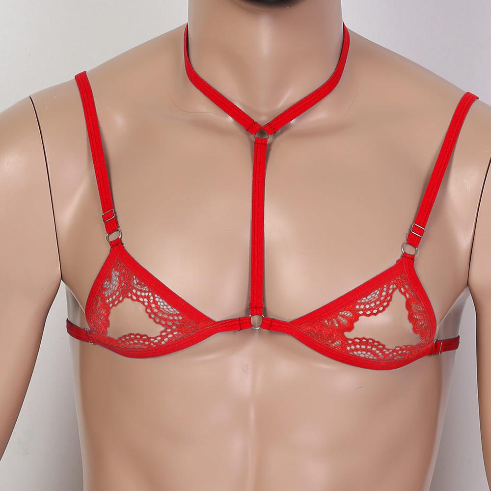 Lace Sexy Lingerie for Male Lace Half Cup Bra Underwired Open Nipple Push Up Cupless Exposed Breasts Underwired See