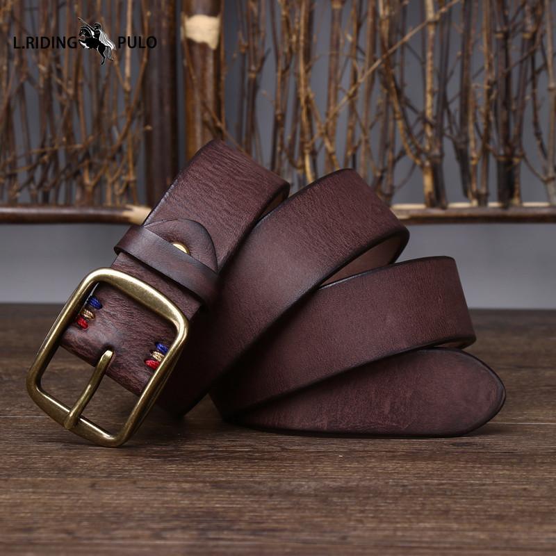 Vintage Handmade Men's Leather Belt Top Layer Pure Cowhide Copper Buckle Jeans Leather Belt