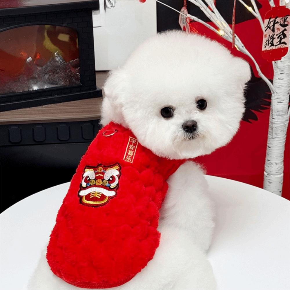 Festive Warm Dancing Lion Cat Coat Fluffy Red Winter Dog Jacket Soft Embroidered Dog Vest Pet Party