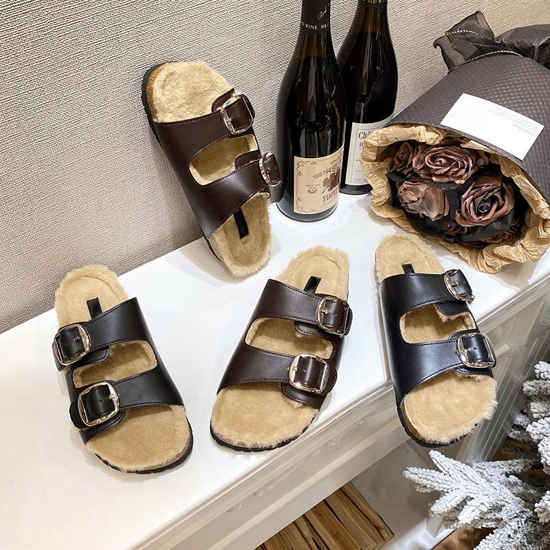 Su Yinjia has the same cotton mop with strong autumn meaning~ retro double-buckle velvet cotton slippers thick-bottomed Boken fluffy slippers