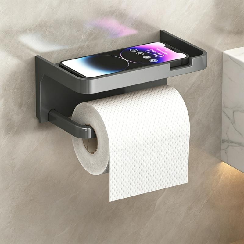 Contemporary Bathroom Shelf with Integrated Phone Tray and Paper Roll Holder Plastic Design Suitable for Washroom